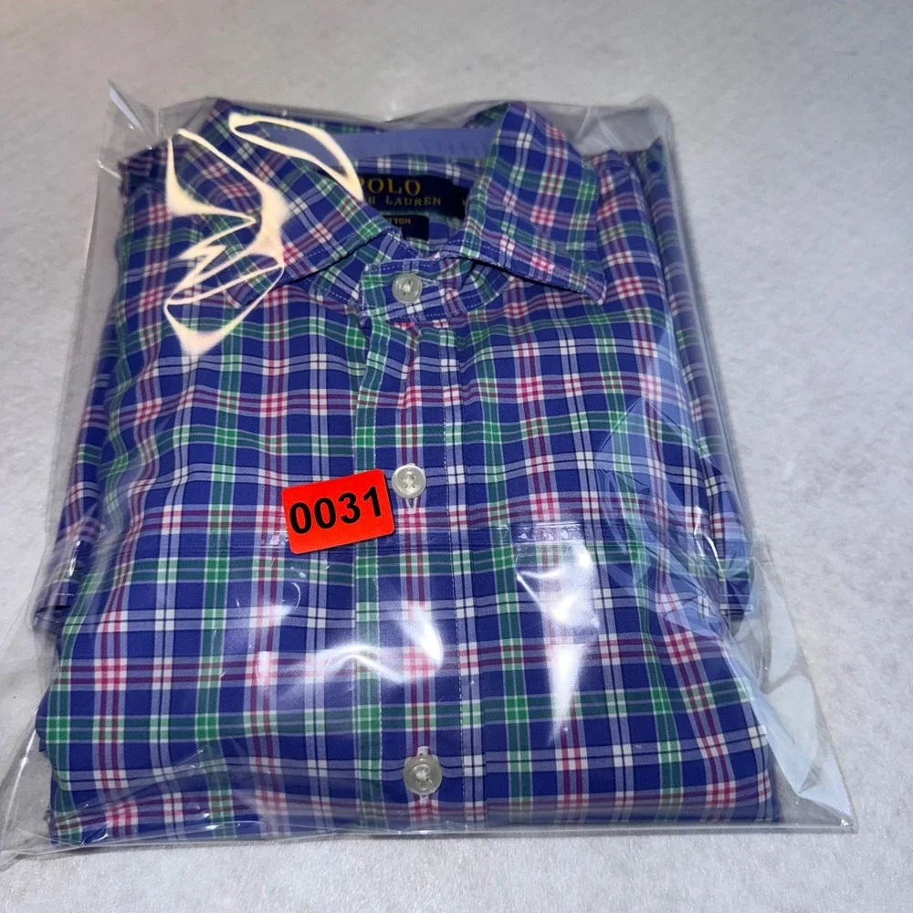 Polo Ralph Lauren Mens Medium Blue Green Pink Plaid‎ Cotton Stretch Shirt M